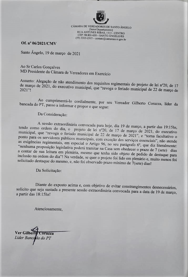 Sessão Extraordinária é suspensa e feriado municipal é mantido