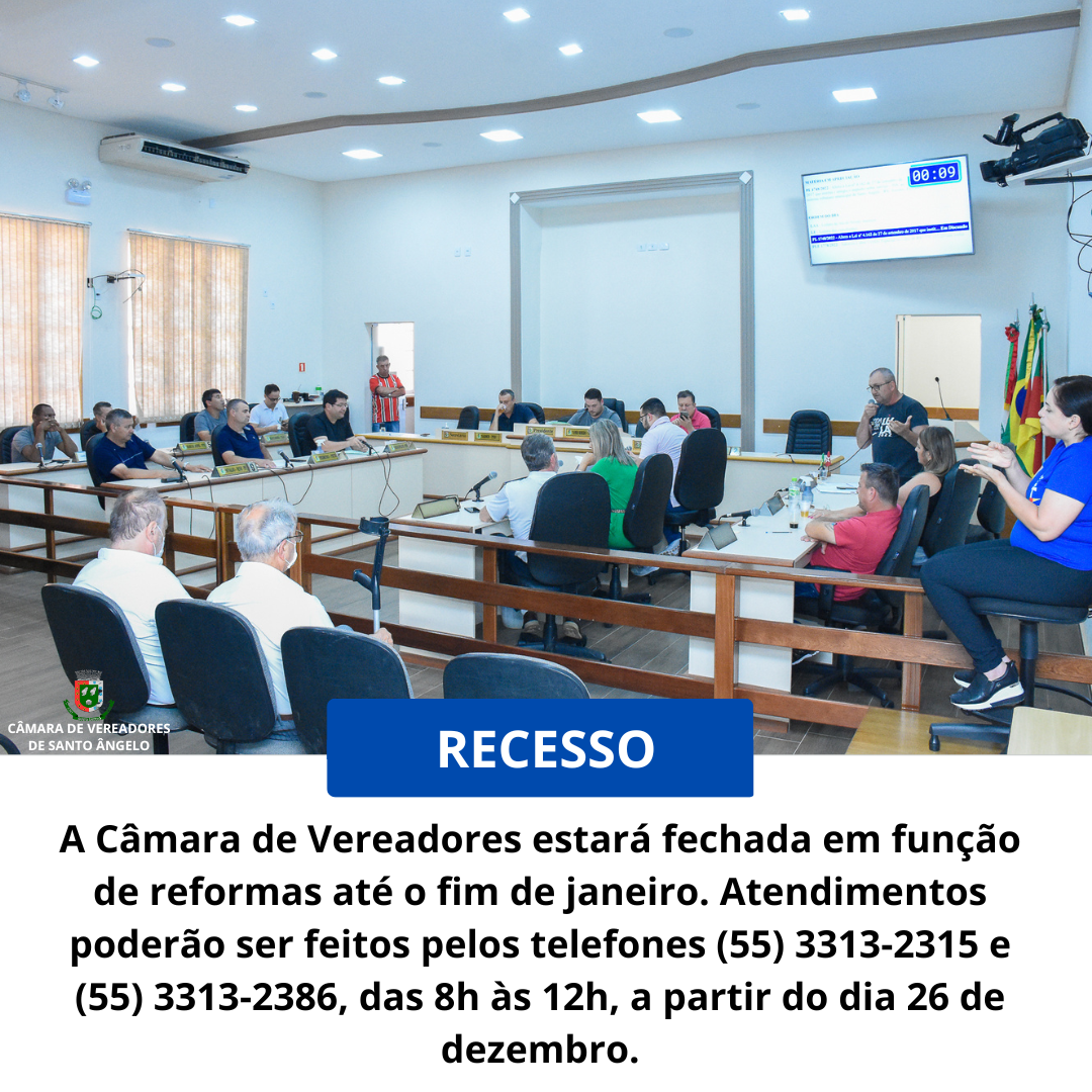 Poder Legislativo de Santo Ângelo entra em recesso até 31 de janeiro de 2023