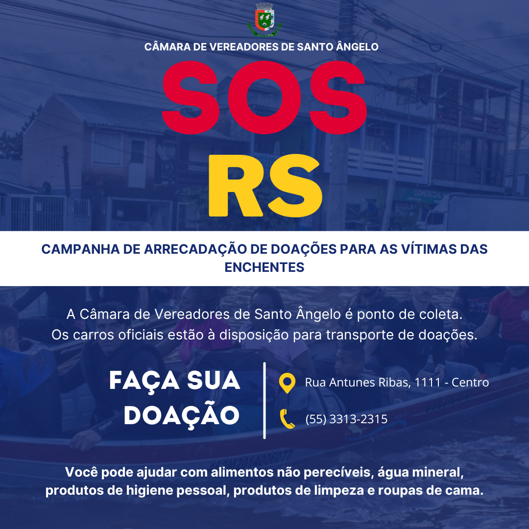As doações podem ser entregues durante o horário de atendimento da Câmara de Vereadores